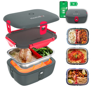 Heated lunch box with food compartments and smartphone app interface on a white background
