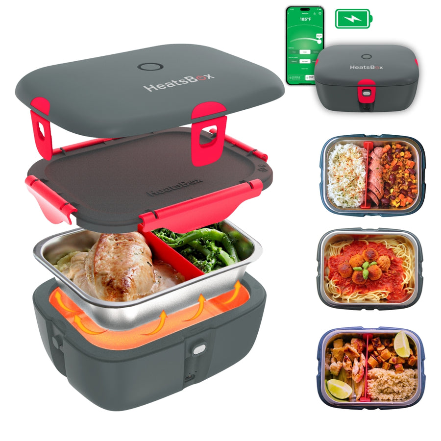Heated lunch box with food compartments and smartphone app interface on a white background